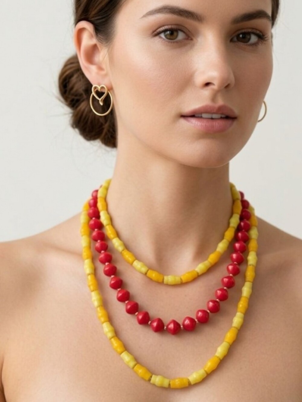 Vintage 3-Pc Jewelry Lot: Red Glass, Yellow Acrylic, GT Heart Hoop Earrings